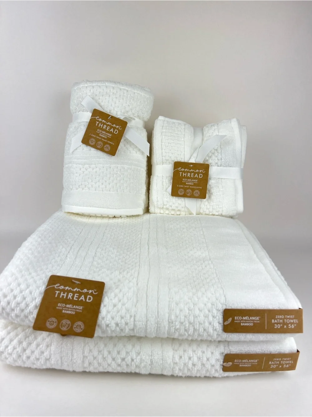 Common Thread Bath Towels White Eco Melange Bamboo Soft Cotton 9 Pc Set NEW